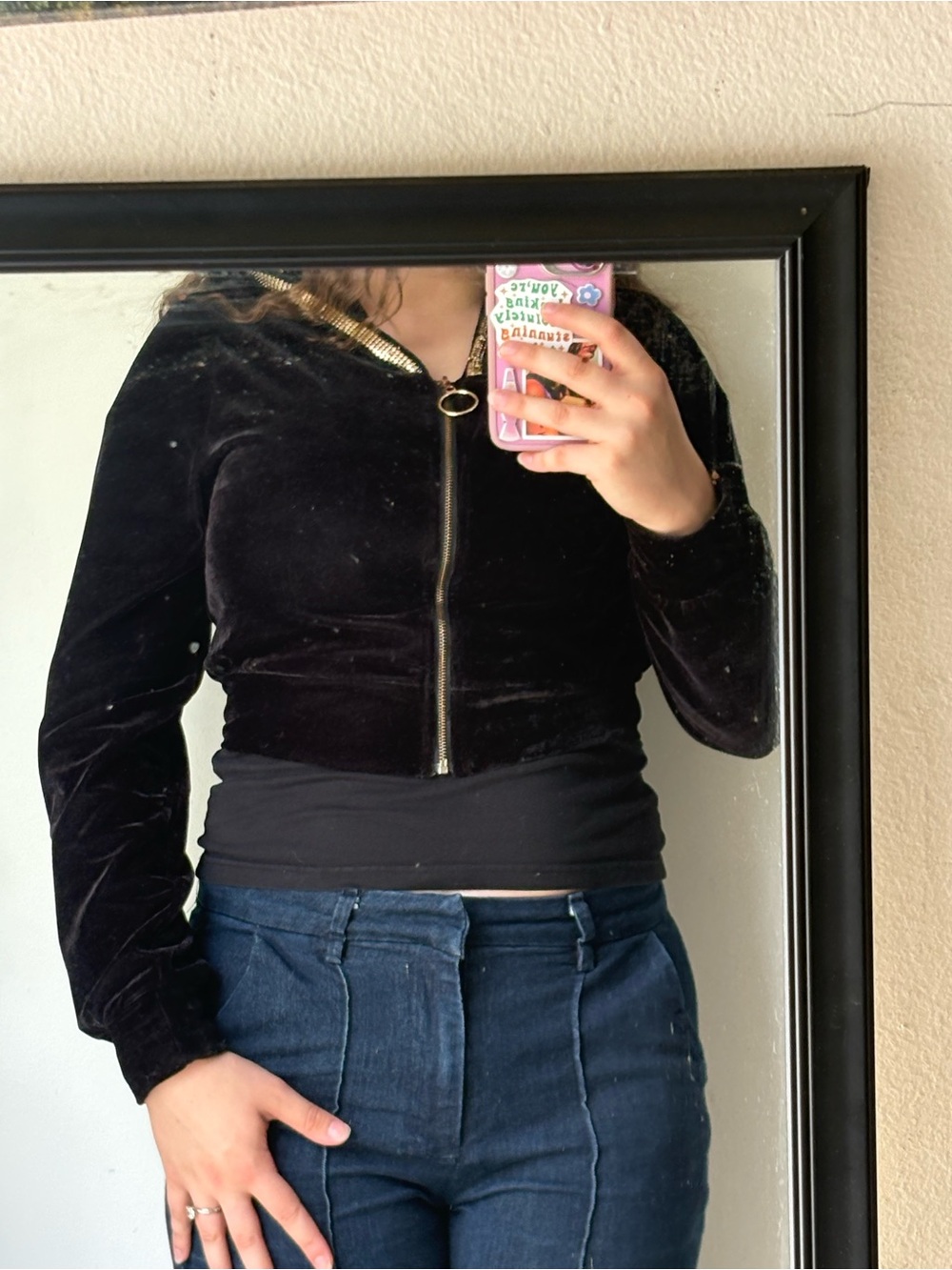 Forever 21 Black Velvet Bomber Jacket with Gold Zip